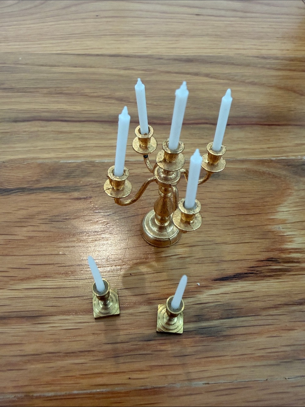Vintage Dollhouse Brass 5-Arm Candelabra & 2 Candlesticks 1:12 Miniature